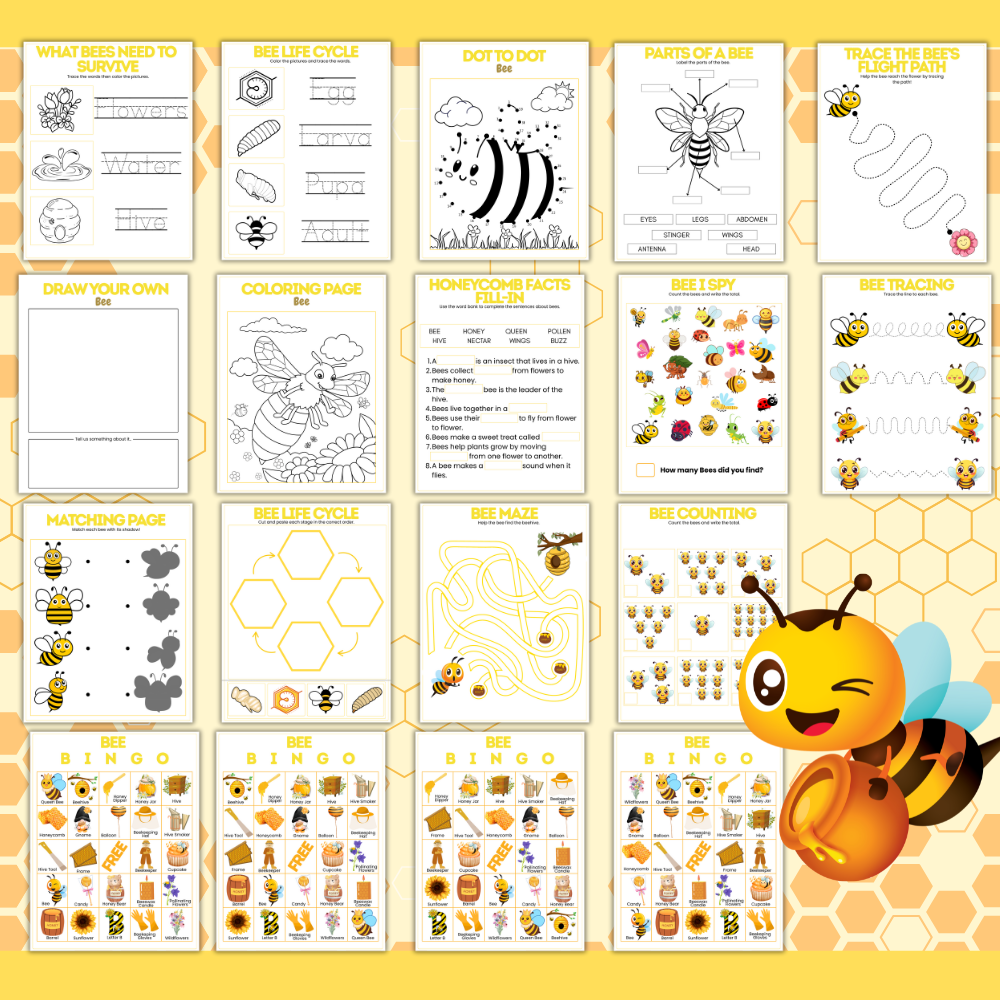Bee Activity Bundle — Printable Bee-Themed Worksheets & Crafts for Kids