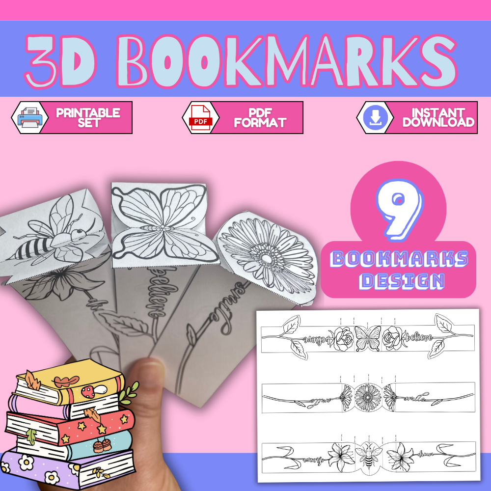 3D Bookmarks Printable for Kids — 9 Designs to Color & Fold