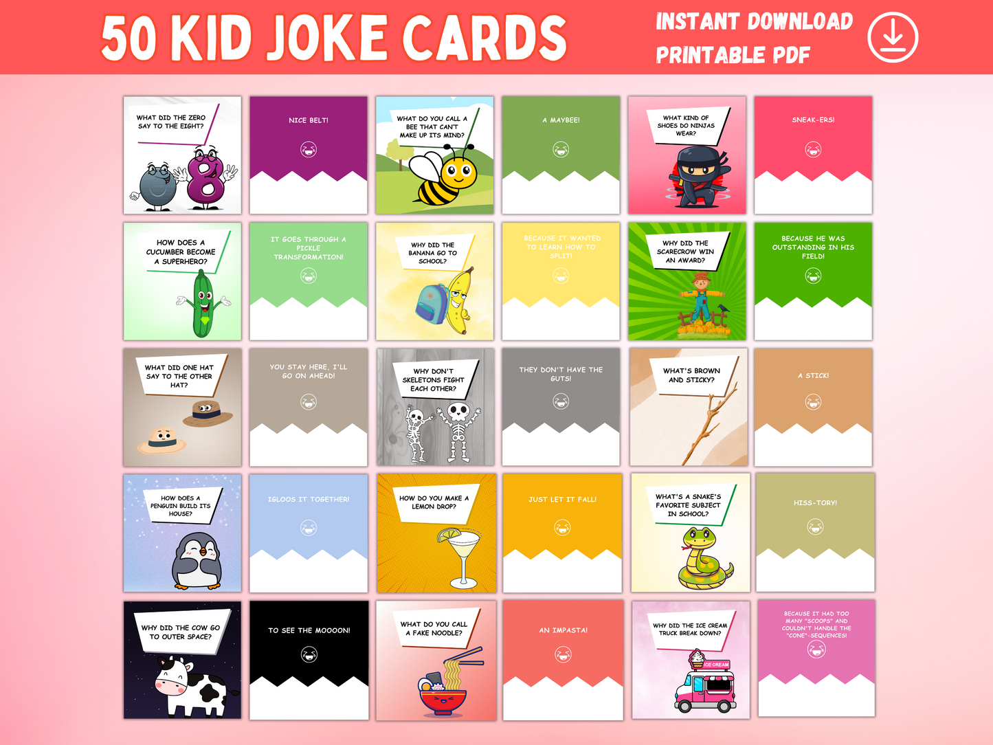50 Kid Joke Cards — Printable Lunchbox Jokes & Riddles