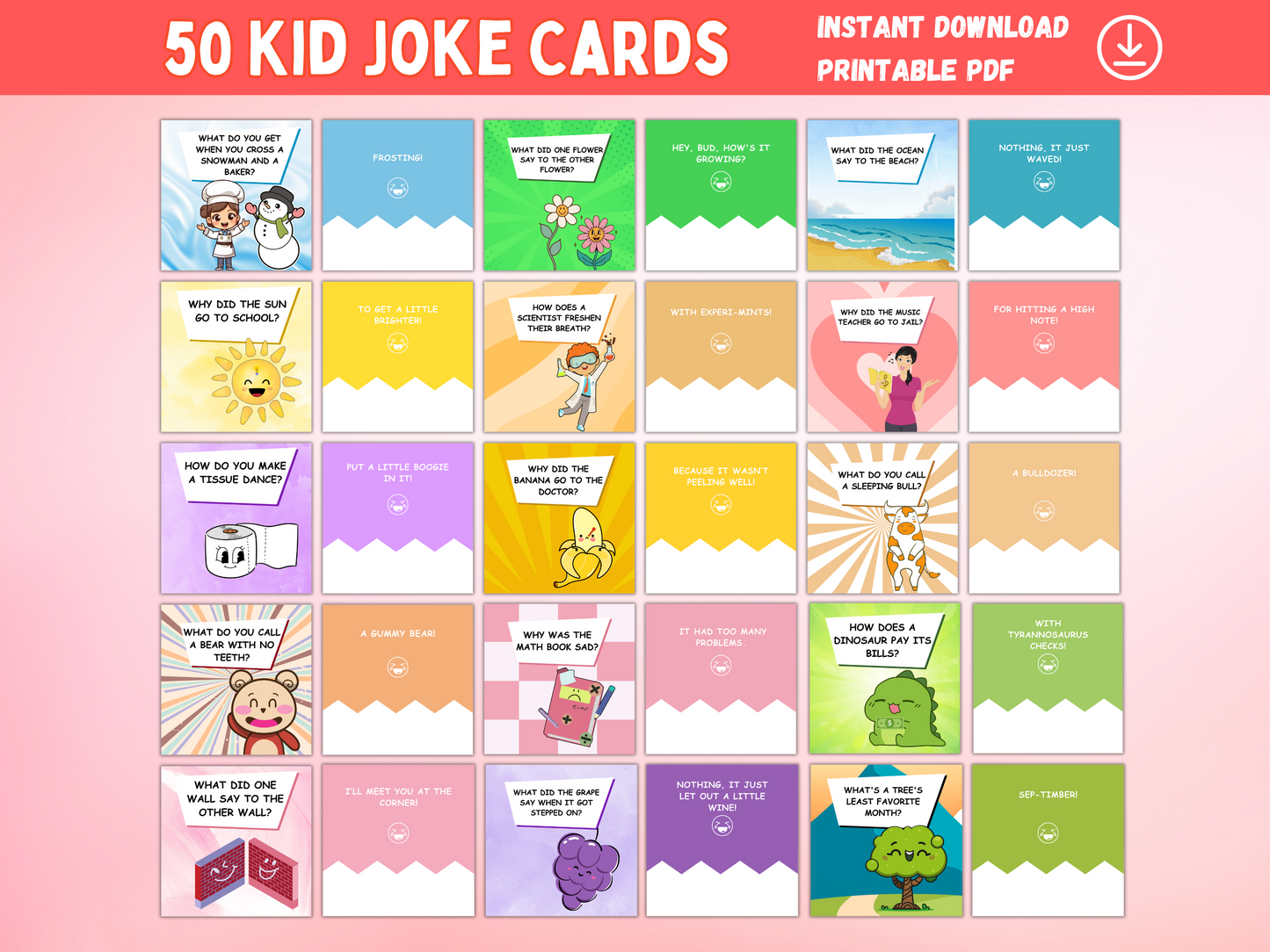 50 Kid Joke Cards — Printable Lunchbox Jokes & Riddles