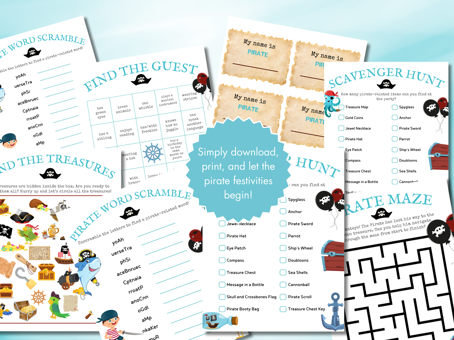 Aqua Birthday Party Bundle — Printable Games for Boys