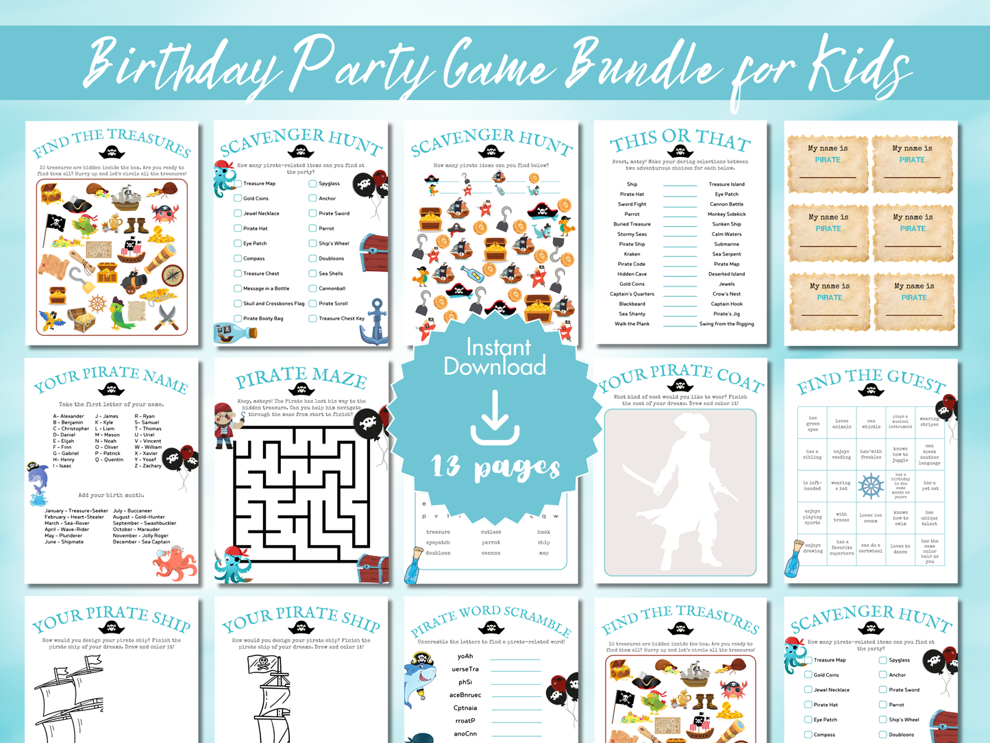 Aqua Birthday Party Bundle — Printable Games for Boys