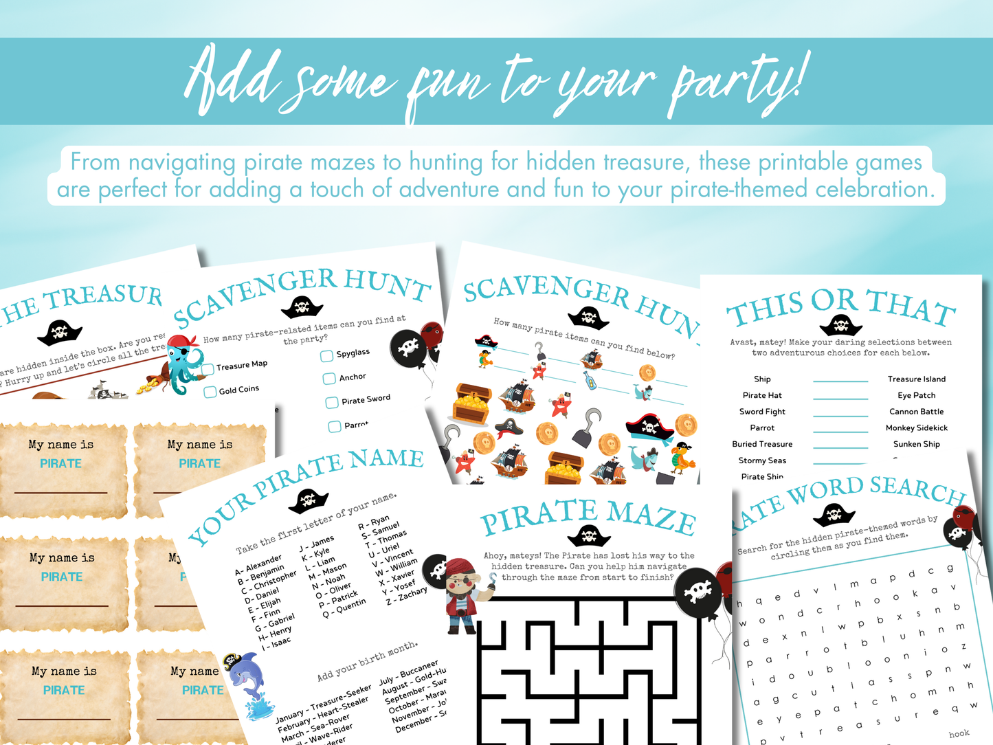 Aqua Birthday Party Bundle — Printable Games for Boys