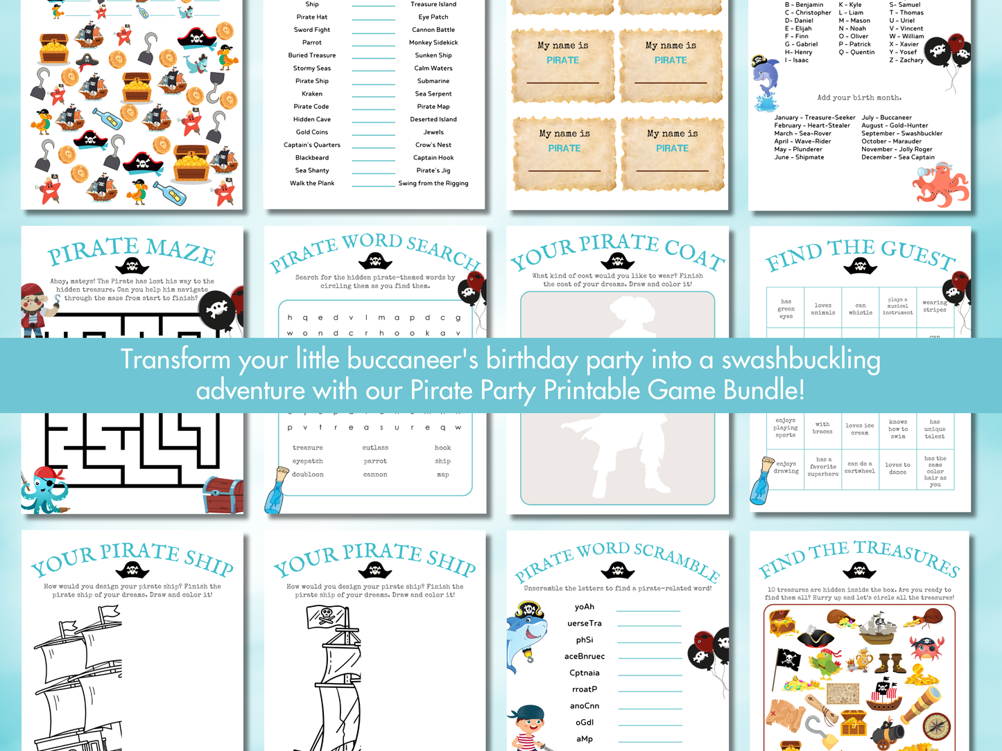 Aqua Birthday Party Bundle — Printable Games for Boys