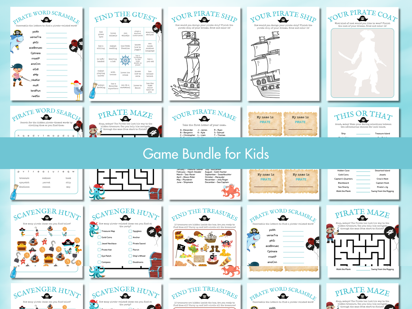 Aqua Birthday Party Bundle — Printable Games for Boys