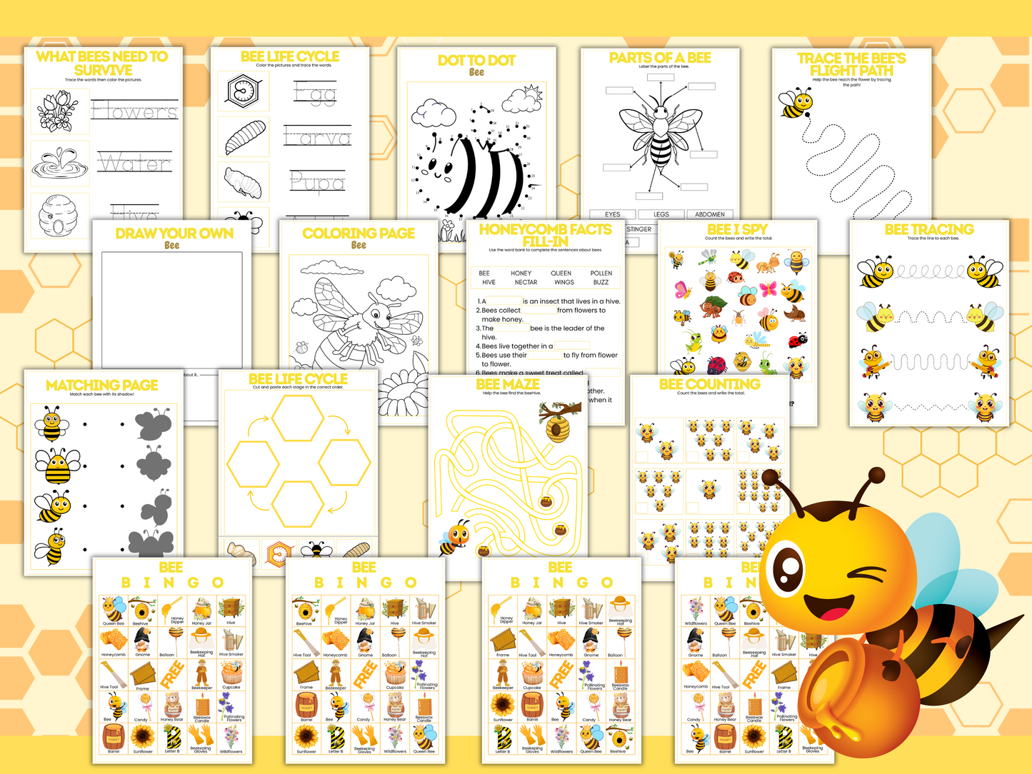 Bee Activity Bundle — Printable Bee-Themed Worksheets & Crafts for Kids
