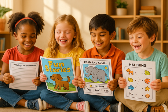 kids using printable material for reading