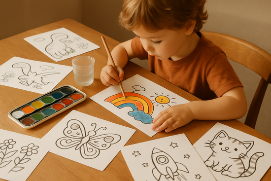 size 710x550 px, picture of one child painting a printable page with other pages around the table. 